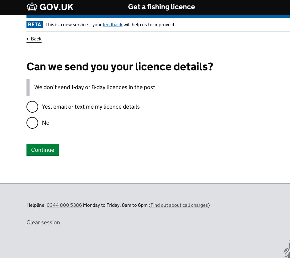 Licence confirmation screen